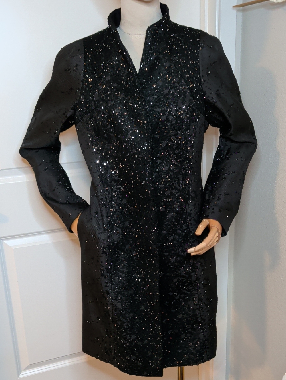 WHBM Women's Black Sequin Midi Coat Elegant Formal Long Jacket Sz Small